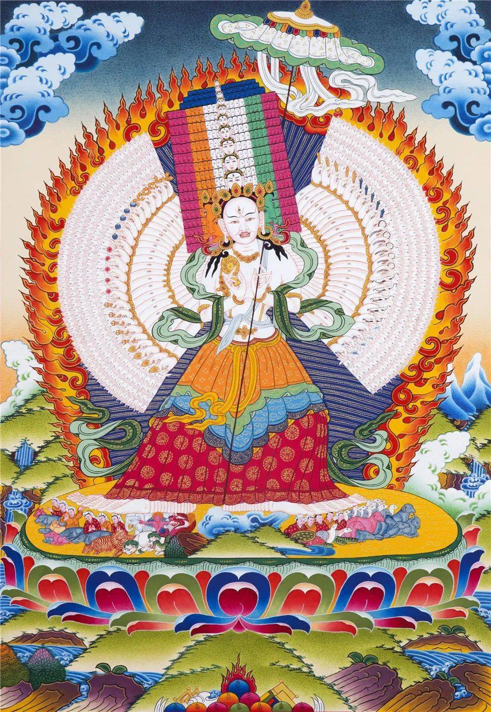 19,尊胜佛母(可带来长寿及福慧,三头八臂,手持:十字金刚杵,阿弥陀佛